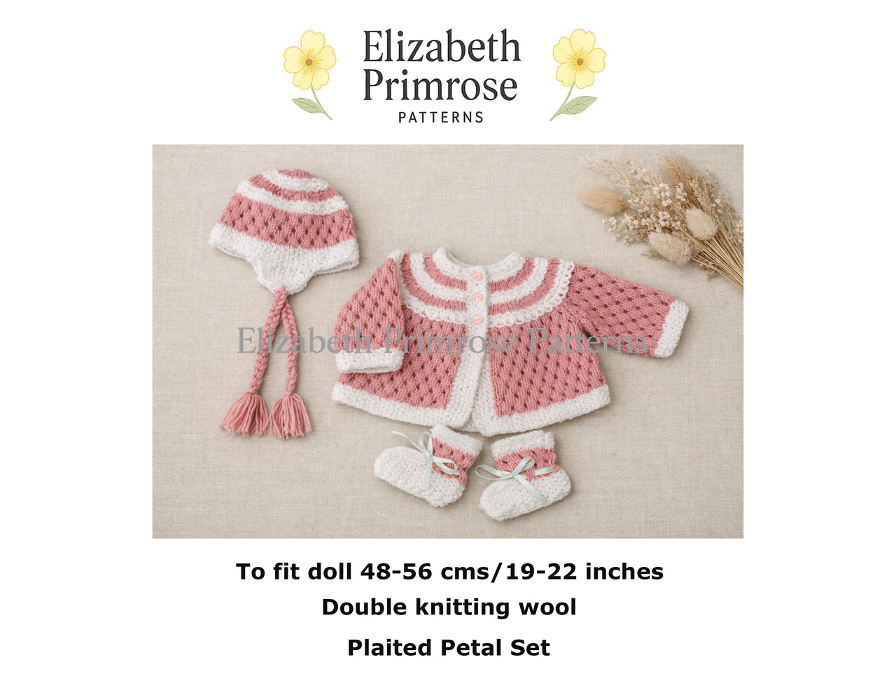 Plaited Petal Set – Cardigan, Hat & Bootees | P64 | Doll or Baby | Elizabeth Primrose Patterns