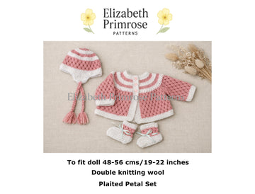 Plaited Petal Set – Cardigan, Hat & Bootees | P64 | Doll or Baby | Elizabeth Primrose Patterns