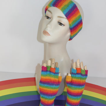 Rainbow 4ply Short Finger Gloves & Headband Circular