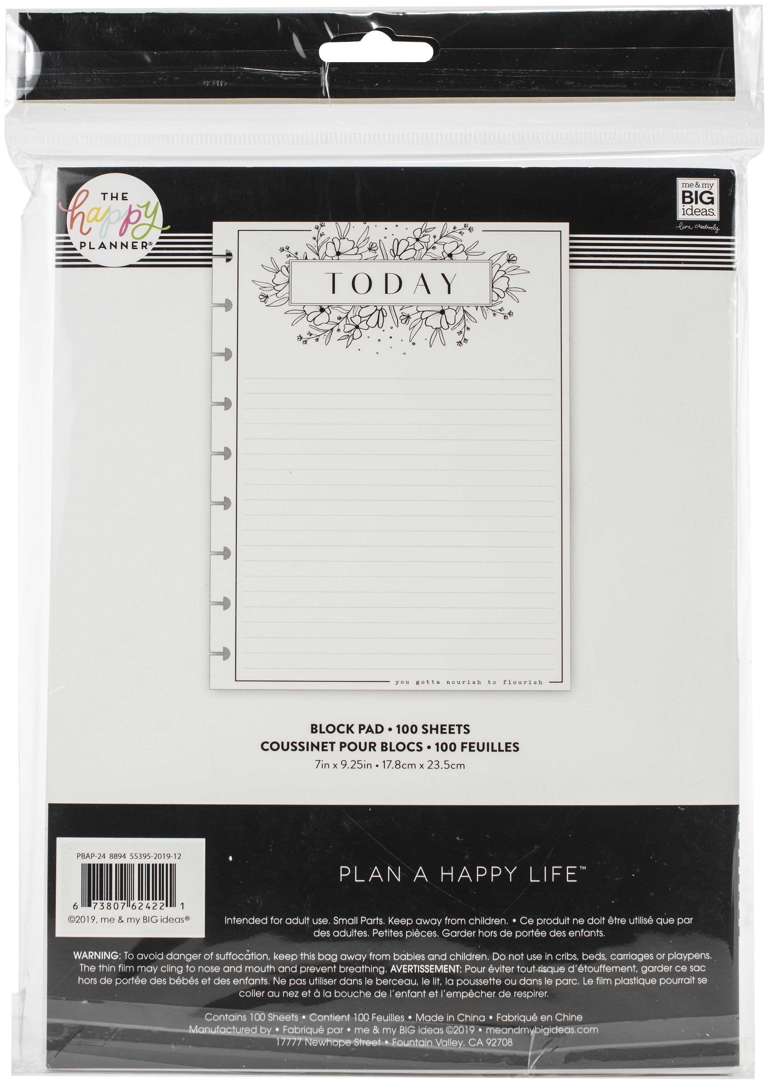 Happy Planner Block Pad 9.25"X7" 100/Pkg - Black & White Floral