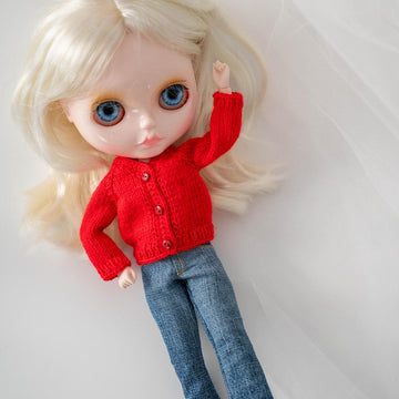 Knitted red cardigan for doll