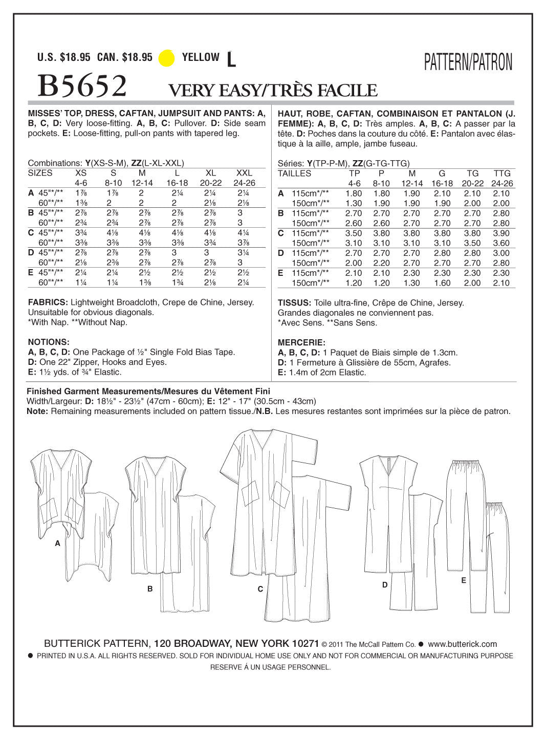 Butterick Misses' Top, Dress, Caftan, Jumpsuit and Pants B5652 - Sewing Pattern
