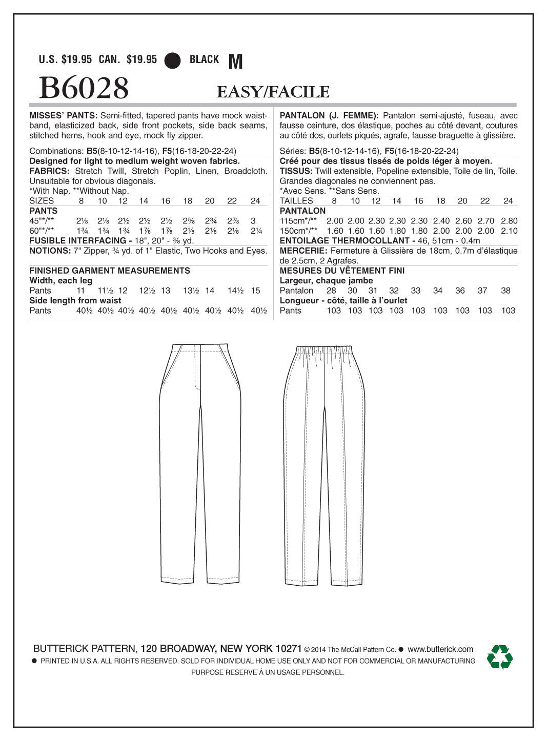Butterick Misses' Pants B6028 - Sewing Pattern