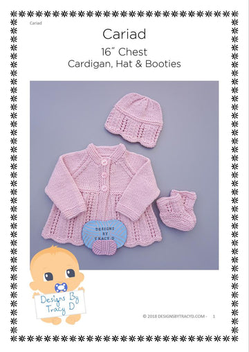 Cariad Baby Cardigan, hat & Booties knitting pattern