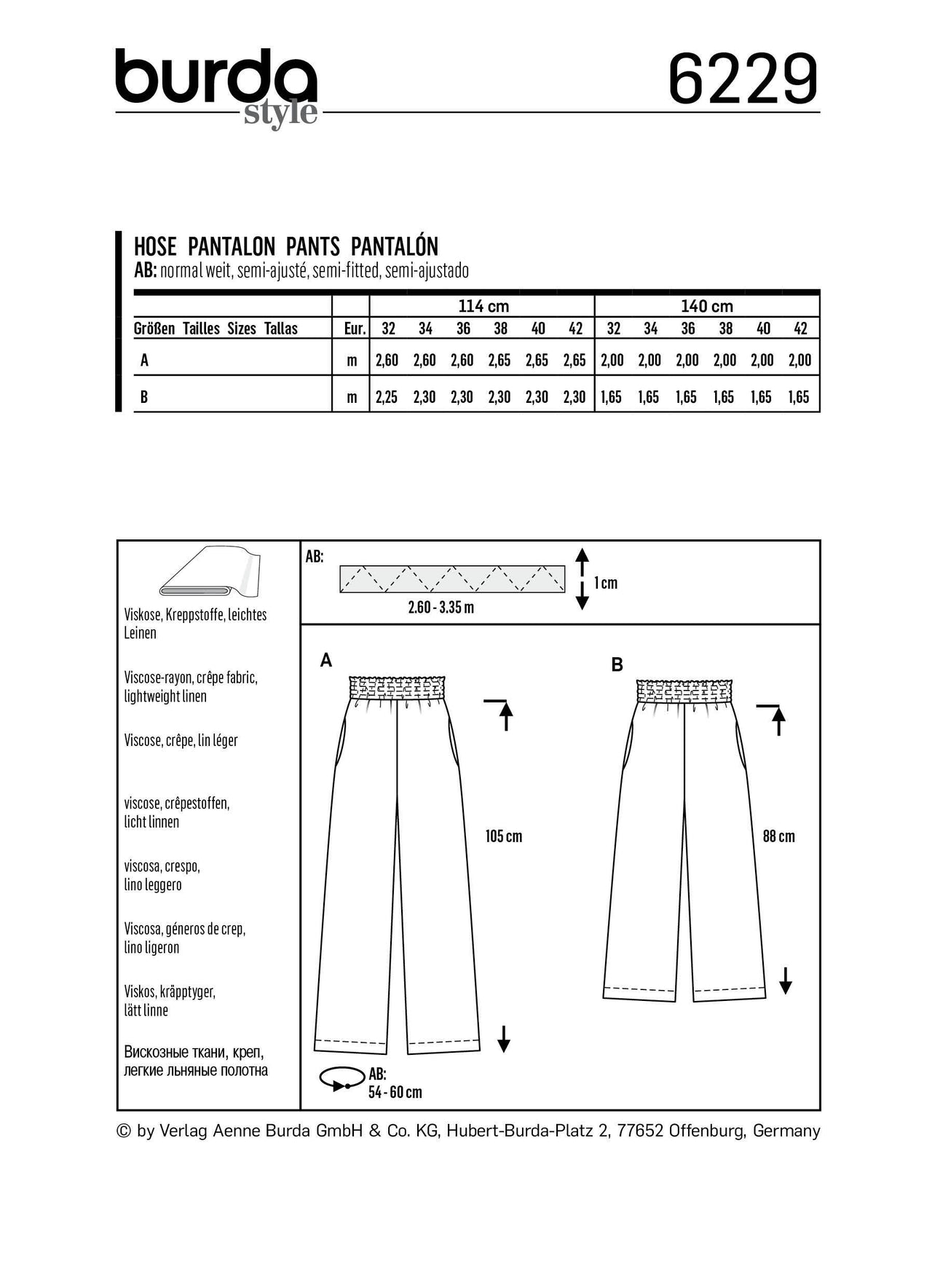 Burda Style Misses' Trousers/Pants with Elastic Waist with Pockets in Seams – Wide Leg B6229 - Paper Pattern, Size 6-16