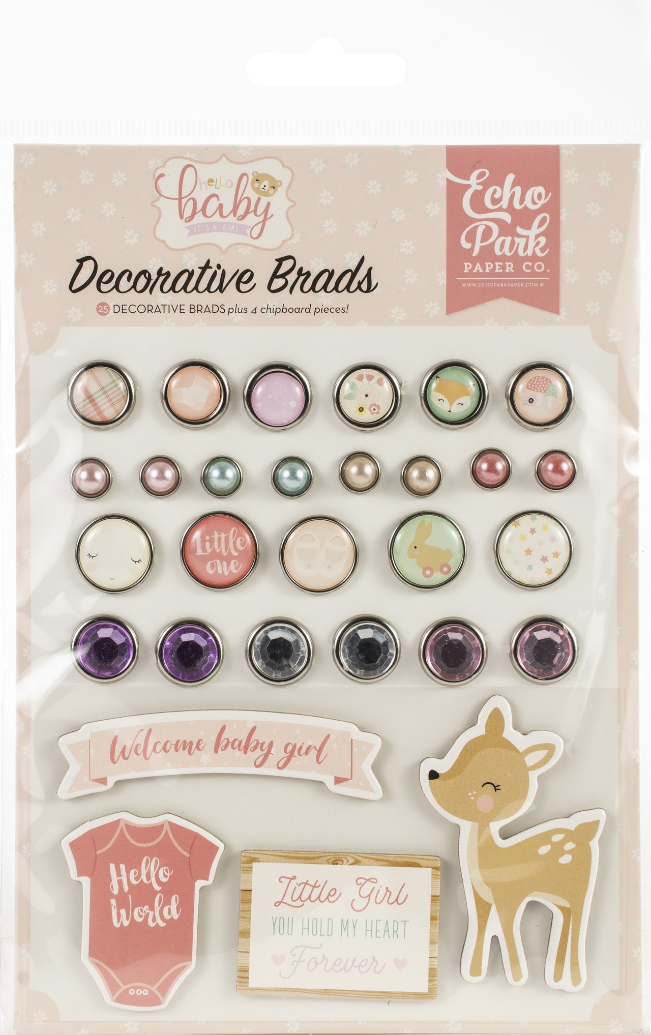 Echo Park Paper Echo Park Decorative Brads - Hello Baby Girl, 25/Pkg + 4 Chipboard