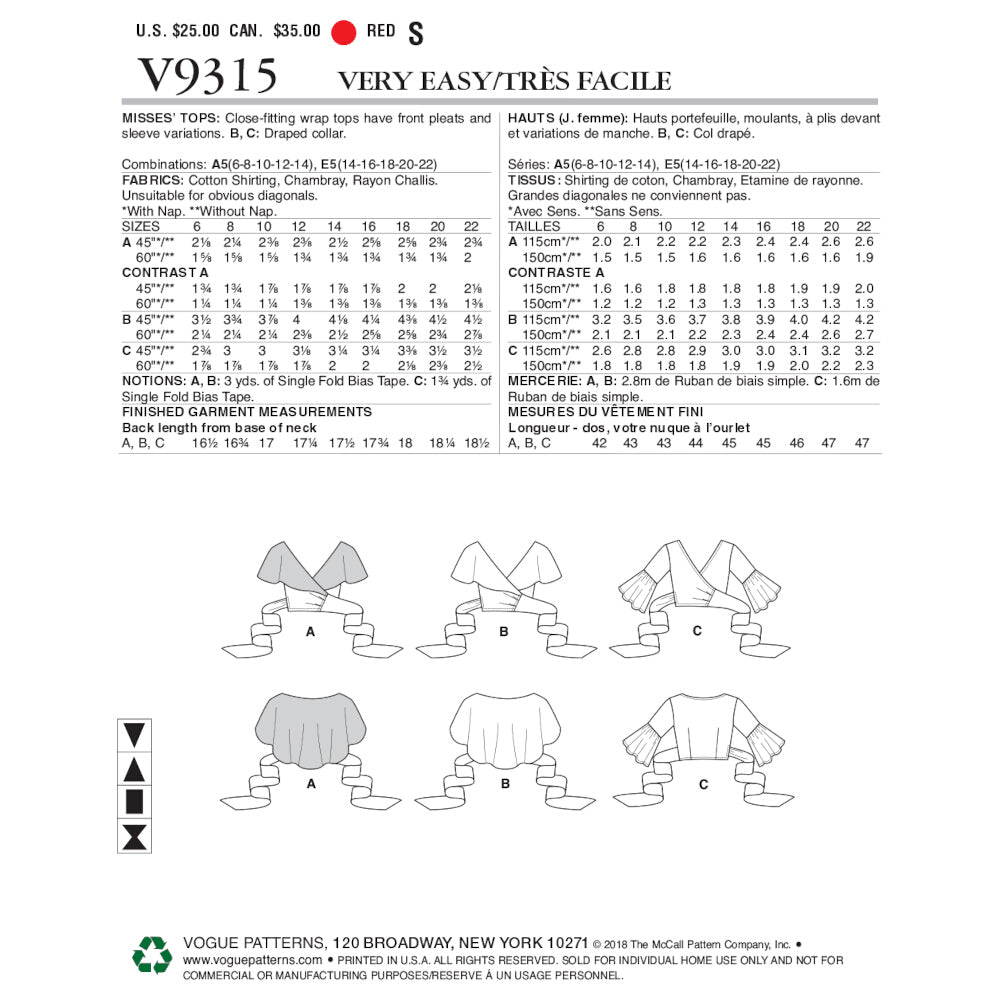Vogue Misses' Top V9315 - Sewing Pattern