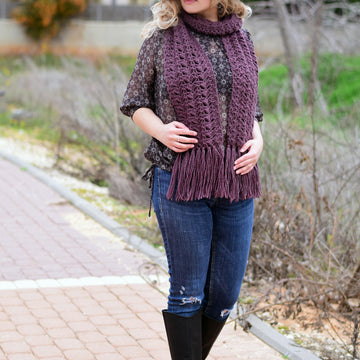 Aubergine crochet scarf with fringe