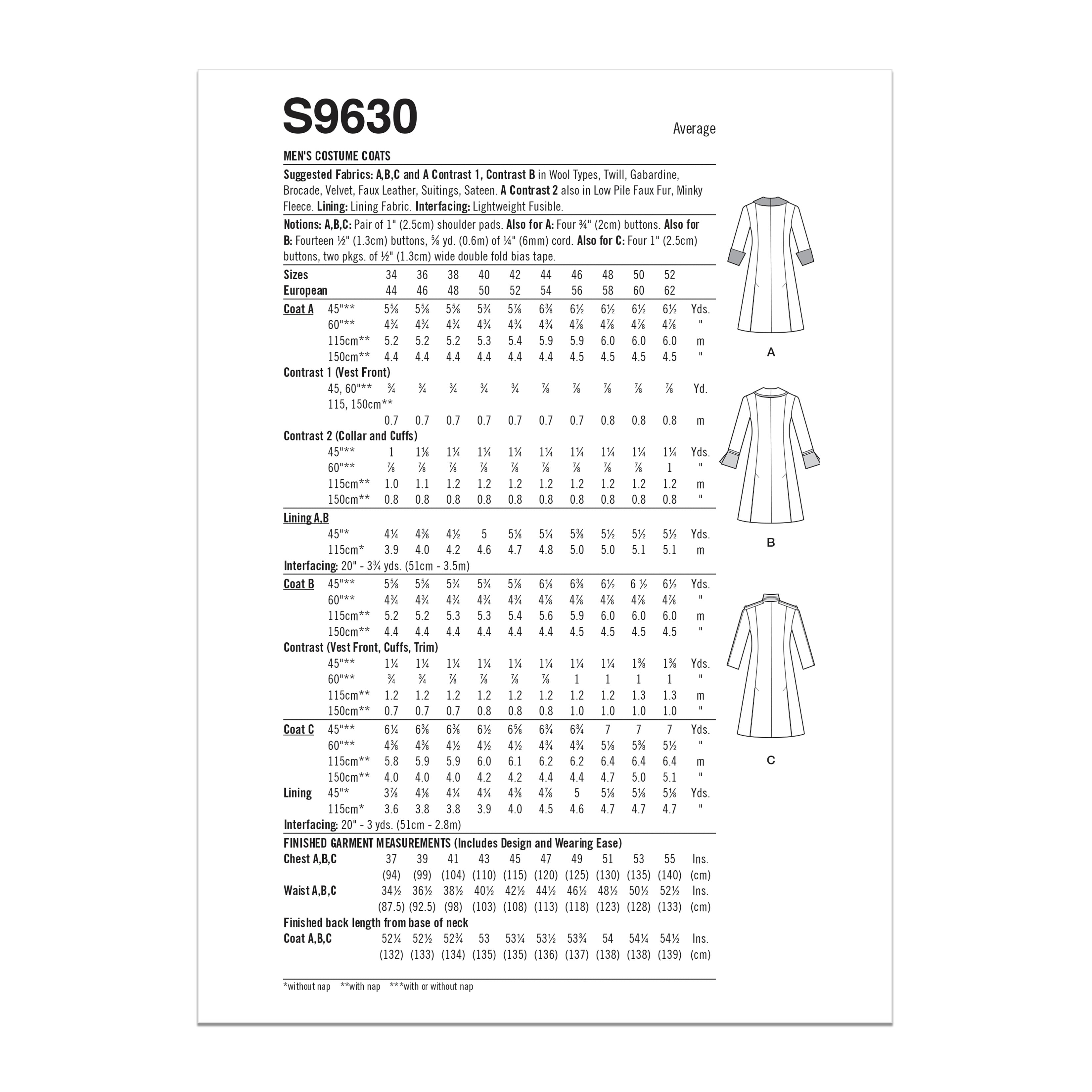 Simplicity Men's Costume Coats S9630 - Sewing Pattern