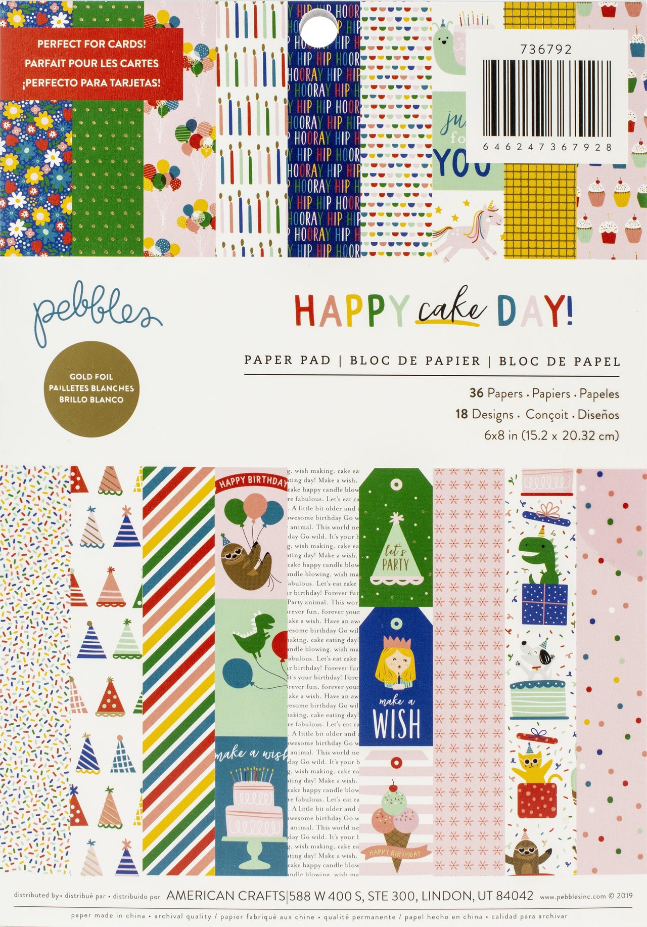 American Crafts Pebbles Single-Sided Paper Pad 6"X8" 36/Pkg - Happy Cake Day, 18 Designs/2 Each