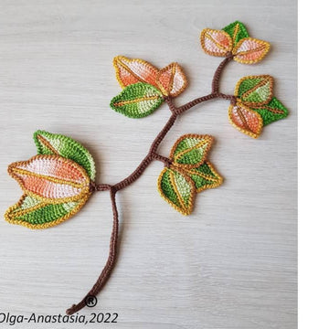 Crochet autumn decor, bright branches with leaves