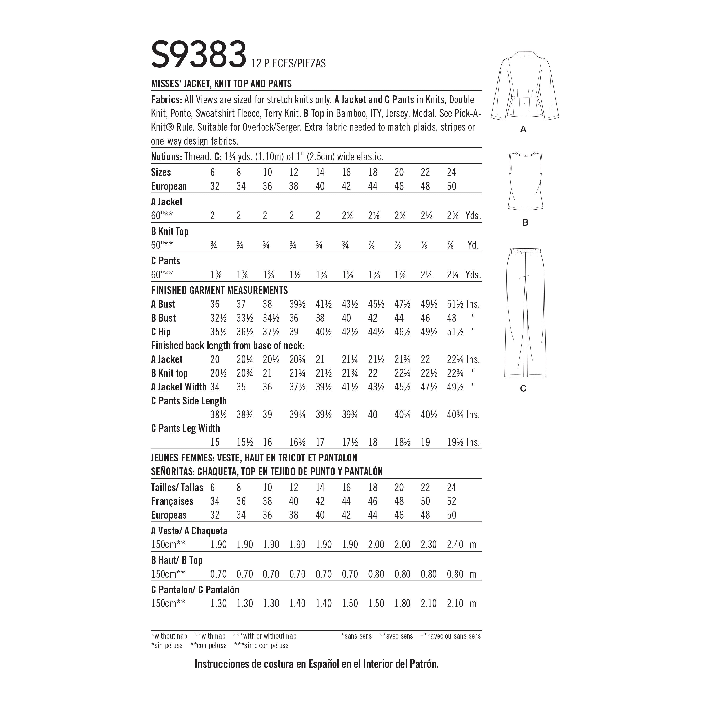 Simplicity Misses' Jacket, Knit Top and Pants S9383 - Sewing Pattern
