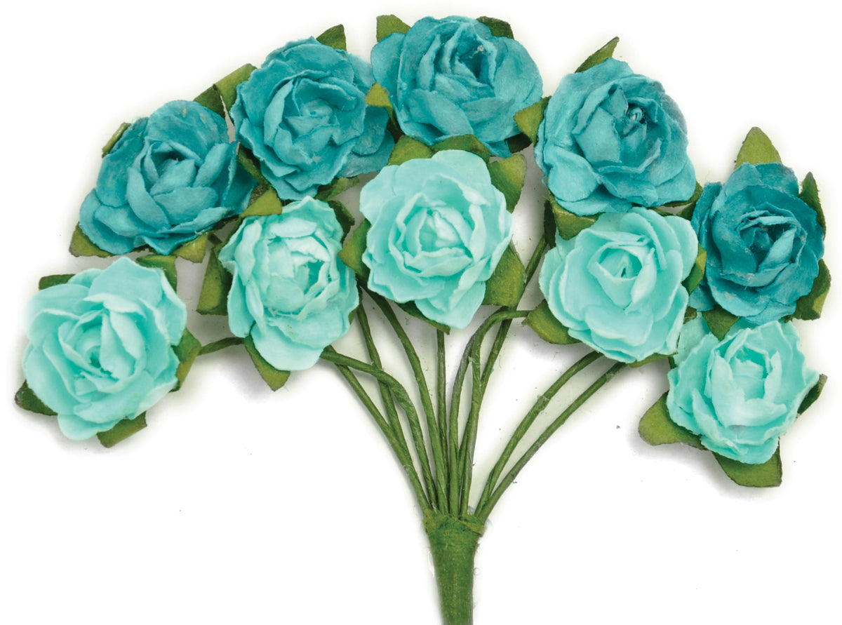 Kaisercraft Mini Paper Blooms Flowers W/Wire Stem 10/Pkg - Sea Breeze, .5"