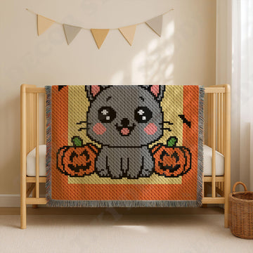 C2C CROCHET PATTERN Halloween Pumpkin Kitten Blanket Gray Cat Afghan Spooky Lapghan