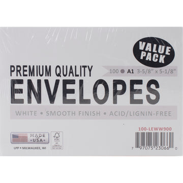 Leader Paper Products Leader A1 Envelopes (3.625"X5.125") 100/Pkg - White