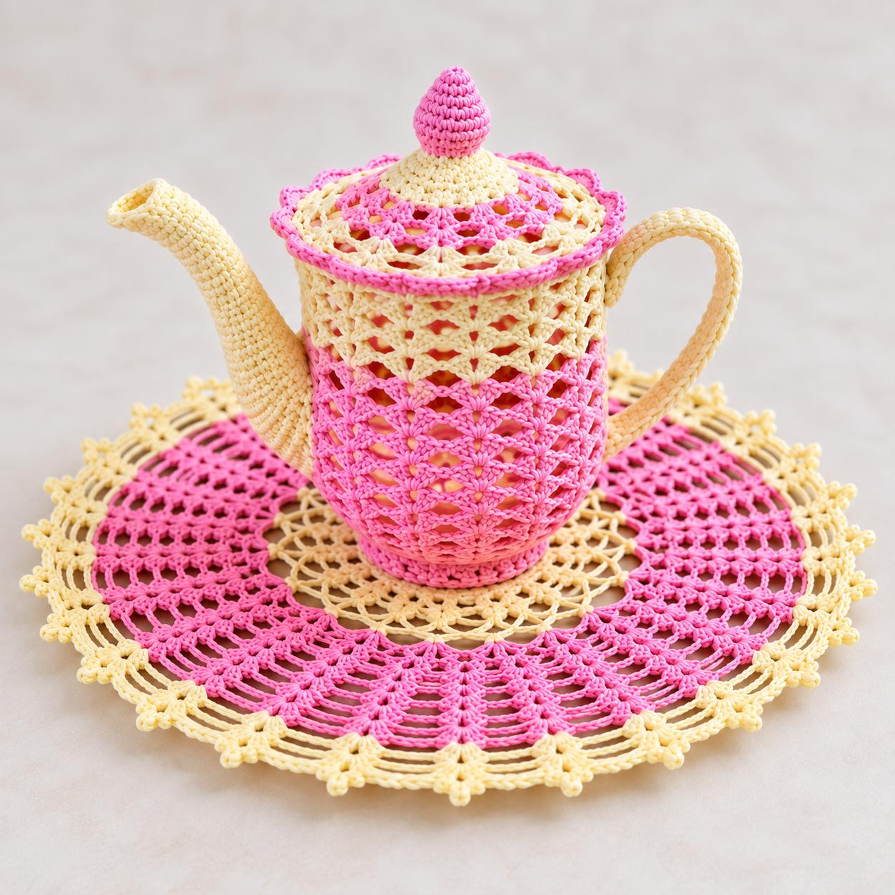 Crochet Tea Set Pattern – Teapot, Cups, Saucers & Doily PDF Pattern