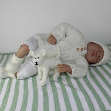 New Baby Matinee Coat, Booties Beanie and Toy Lamb