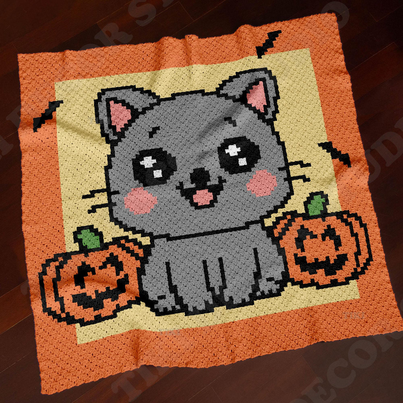 C2C CROCHET PATTERN Halloween Pumpkin Kitten Blanket Gray Cat Afghan Spooky Lapghan