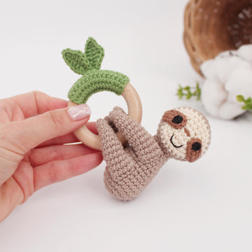 Sloth crochet pattern animal baby rattle teether toy Amigurumi pattern for newborn