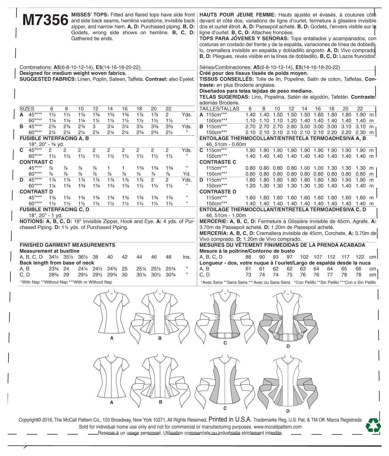 McCall's Misses' V-Neck Fit and Flare Tops M7356 - Sewing Pattern
