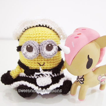 Amigurumi Frenchie the 2 eyed Minion in a French Maid Outfit