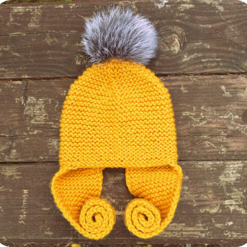 Long Earflap Hat with Faux Fur Pompom
