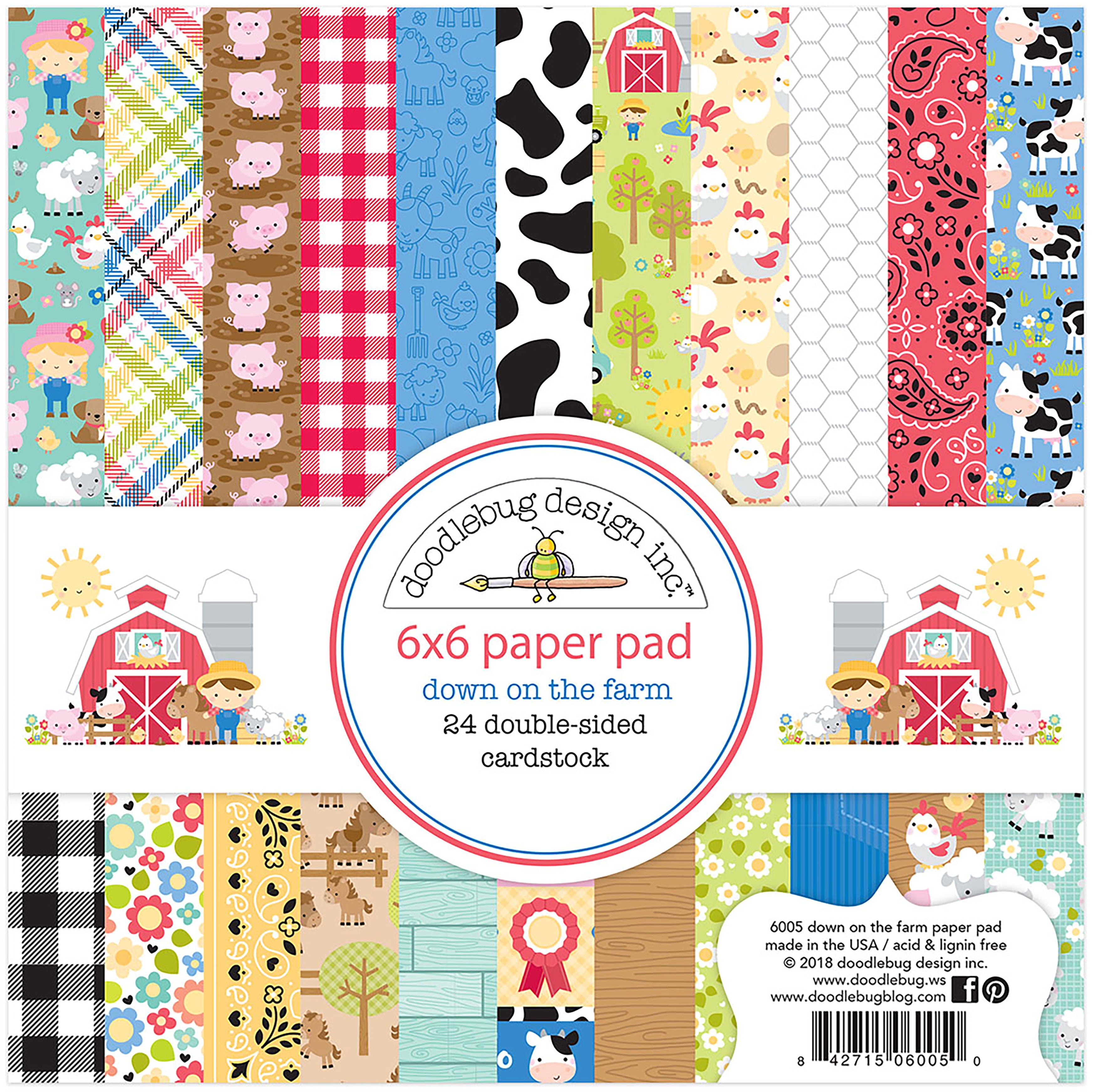 Doodlebug Double-Sided Paper Pad 6"X6" 24/Pkg - Down On The Farm, 12 Designs/2 Each