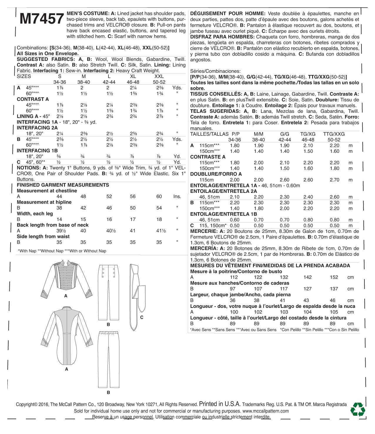 McCall's Men's Embellished Jacket, Pull-On Pants and Cravat M7457 - Sewing Pattern