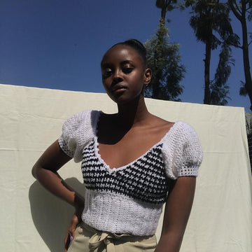 Houndstooth puff sleeve top