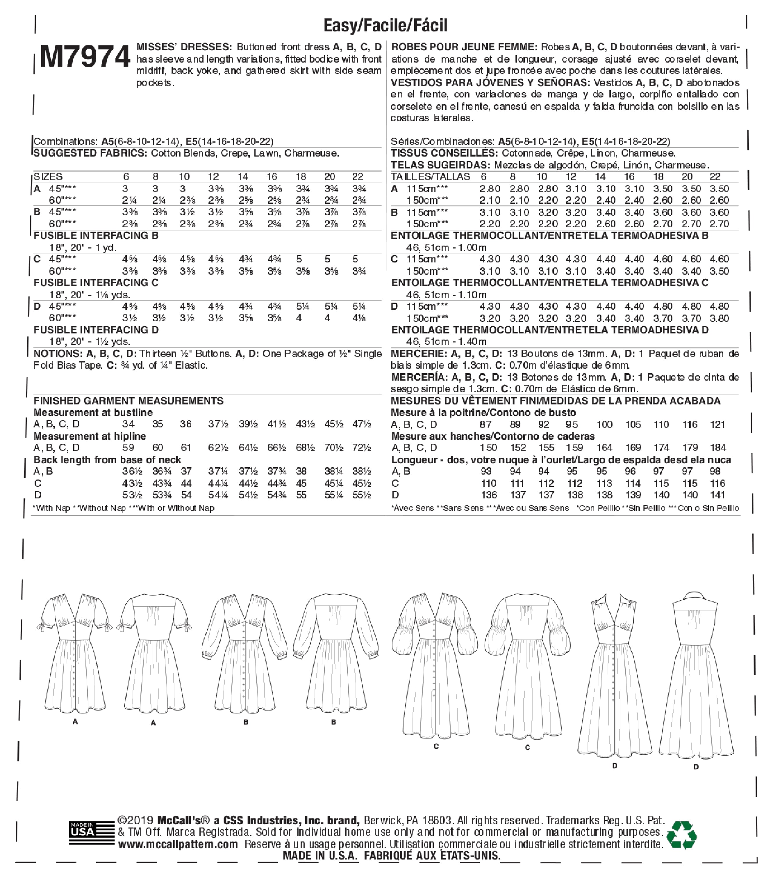 McCall's Misses' Dresses M7974 - Sewing Pattern