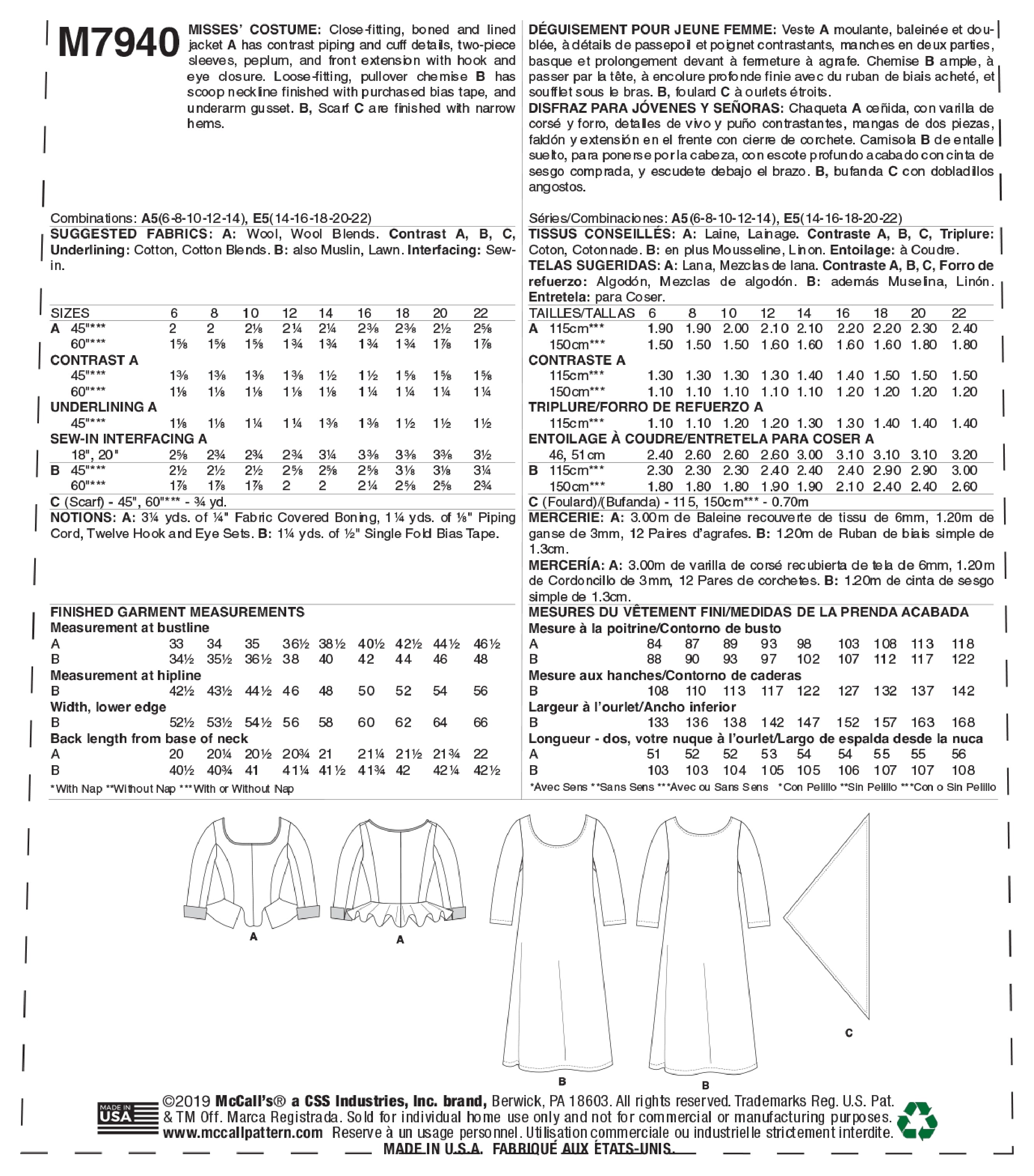 McCall's Misses' Costume M7940 - Sewing Pattern