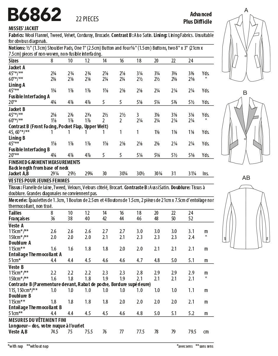 Butterick Misses' Jacket B6862 - Sewing Pattern