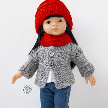 Outfit Red and gray for 13" dolls knitted flat