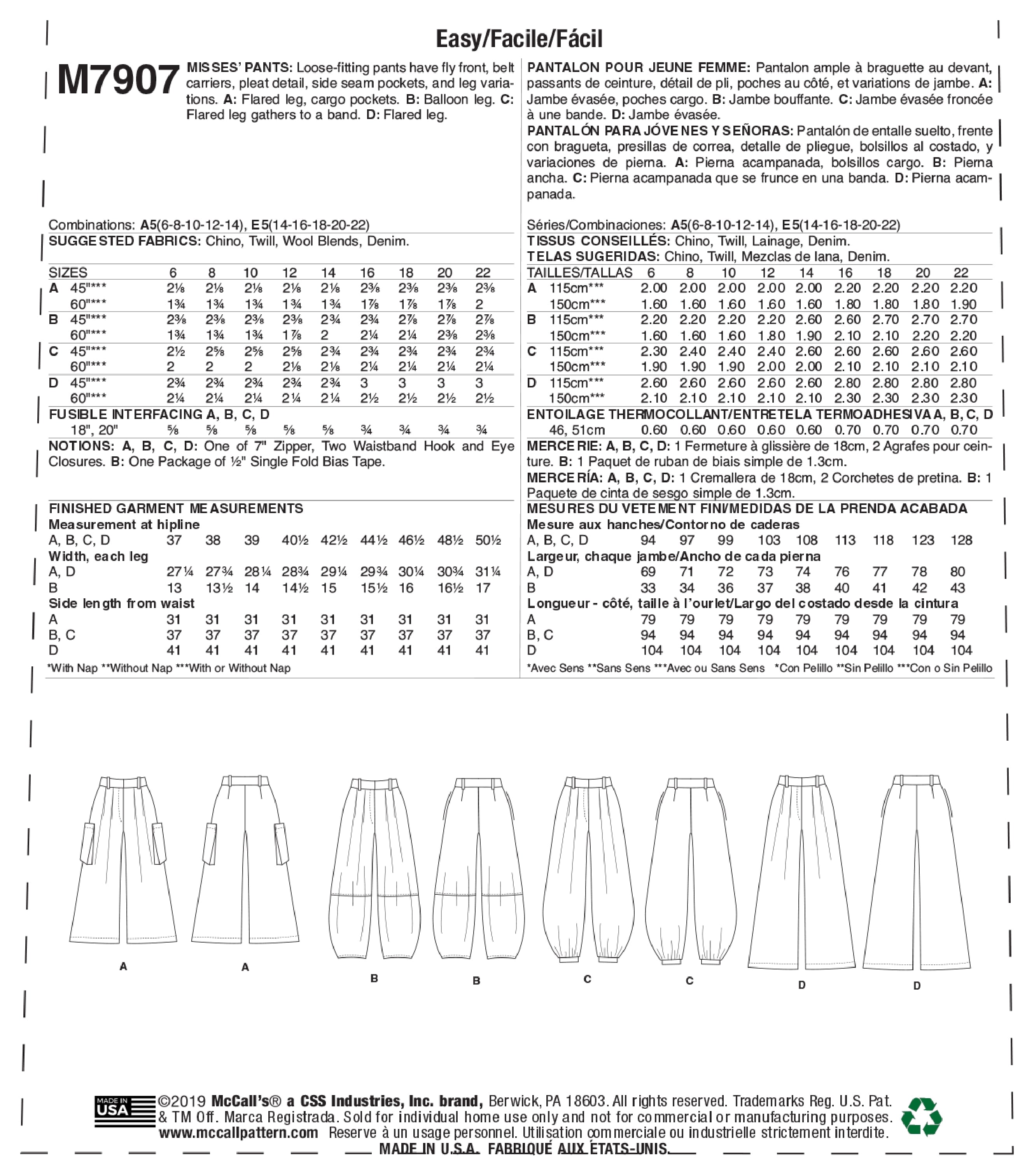 McCall's Misses' Pants M7907 - Sewing Pattern