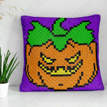 Halloween Cushion Devil Scary Smile Graph Pumpkin Purple Pillow Mini-C2C Pattern