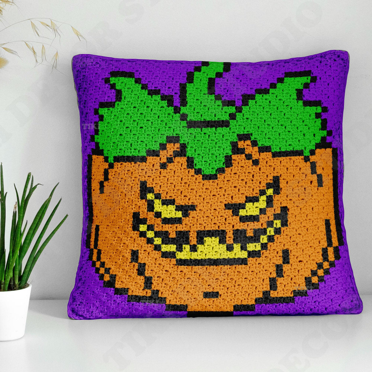 Halloween Cushion Devil Scary Smile Graph Pumpkin Purple Pillow Mini-C2C Pattern