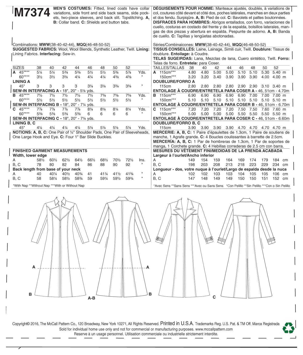 McCall's Collared and Seamed Coats M7374 - Sewing Pattern