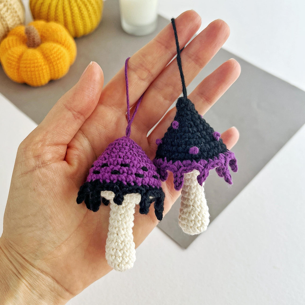 Mushrooms no sew crochet pattern Amigurumi mushroom keychain charm Halloween ornament Car mirror hanger Keyring crochet bag charm