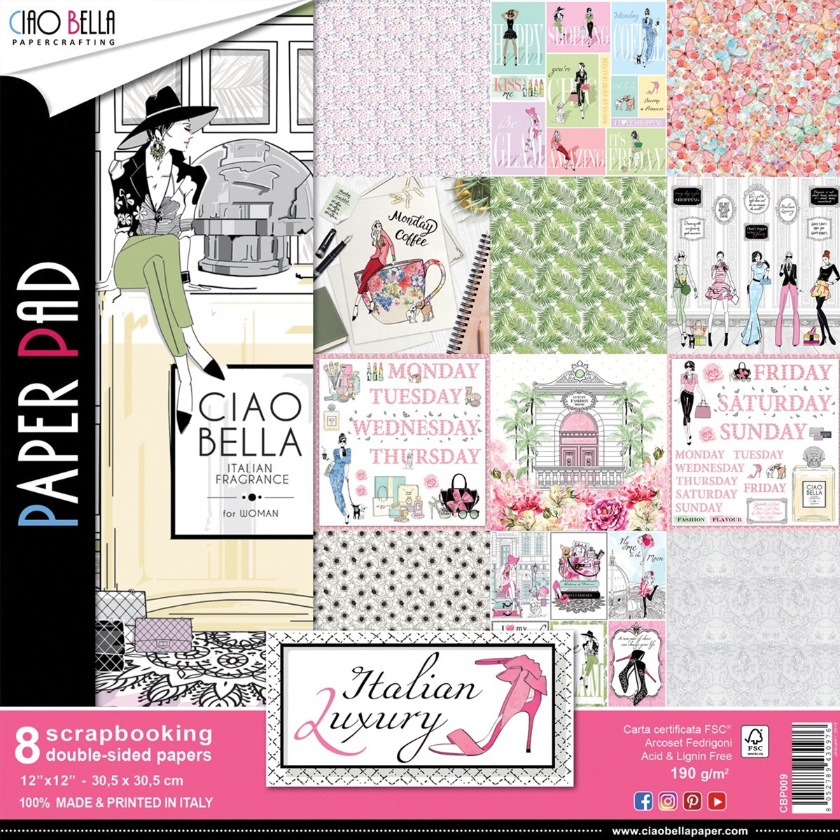 Ciao Bella Double-Sided Paper Pack 90lb 12"X12" 8/P - Italian Luxury, 8 Designs/1 Each
