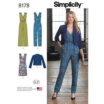Simplicity Pattern 8178 Women's Jumpsuit with two leg widths, Dress and Jacket 8178 - Sewing Pattern