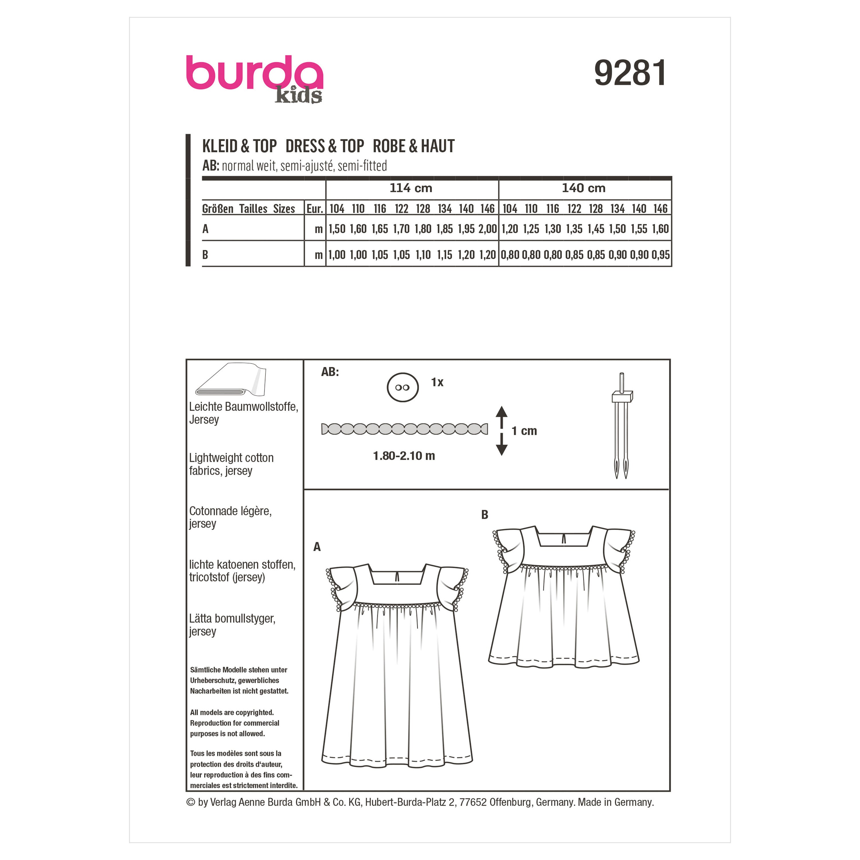 Burda Style Children's Top and Dress B9281 - Paper Pattern, Size 4-10