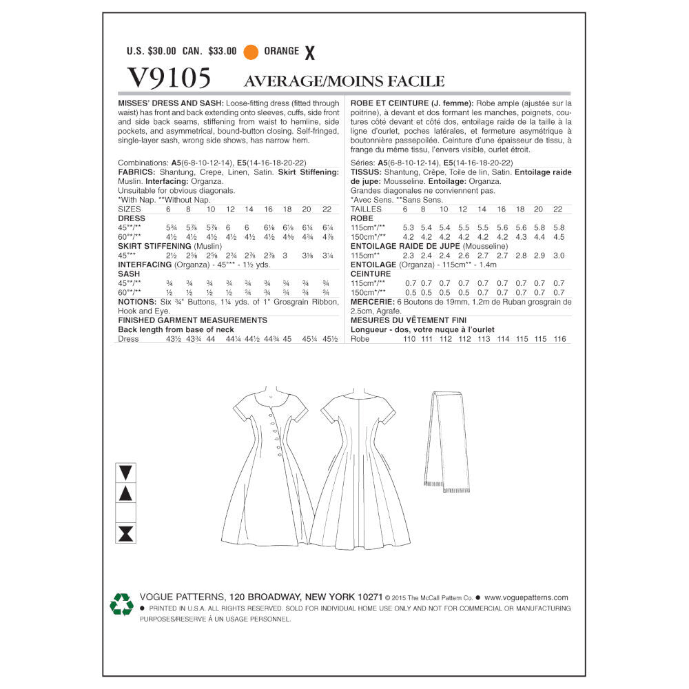Vogue Misses' Dress and Sash V9105 - Sewing Pattern