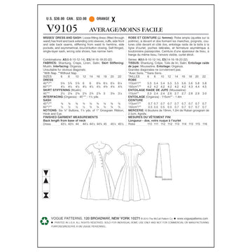 Vogue Misses' Dress and Sash V9105 - Sewing Pattern