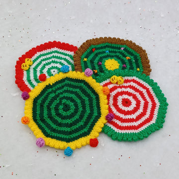 PDF Christmas Knitting Pattern DK Coasters Coffee Tea Gift Set Charity EASY Christmas Tree Elf Stocking Hot Chocolate Feliz Navidad Modern
