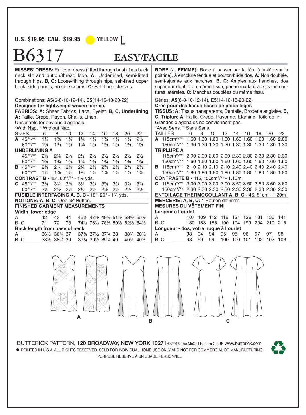 Butterick Misses' Pullover V-Neck Dresses B6317 - Sewing Pattern