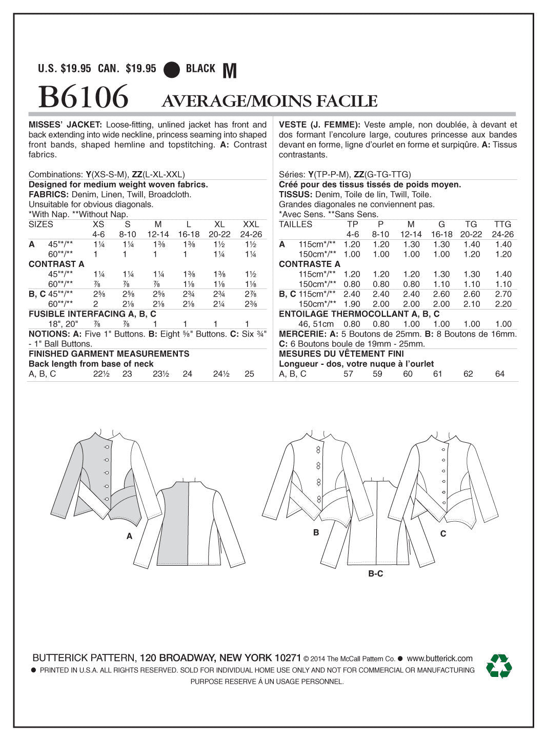 Butterick Misses' Jacket B6106 - Sewing Pattern