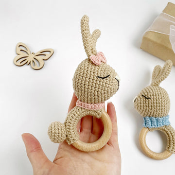 Crochet bunny pattern baby rattle toy Amigurumi rabbit teether
