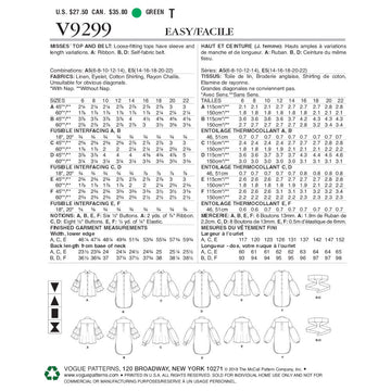 Vogue Misses' Top and Belt V9299 - Sewing Pattern