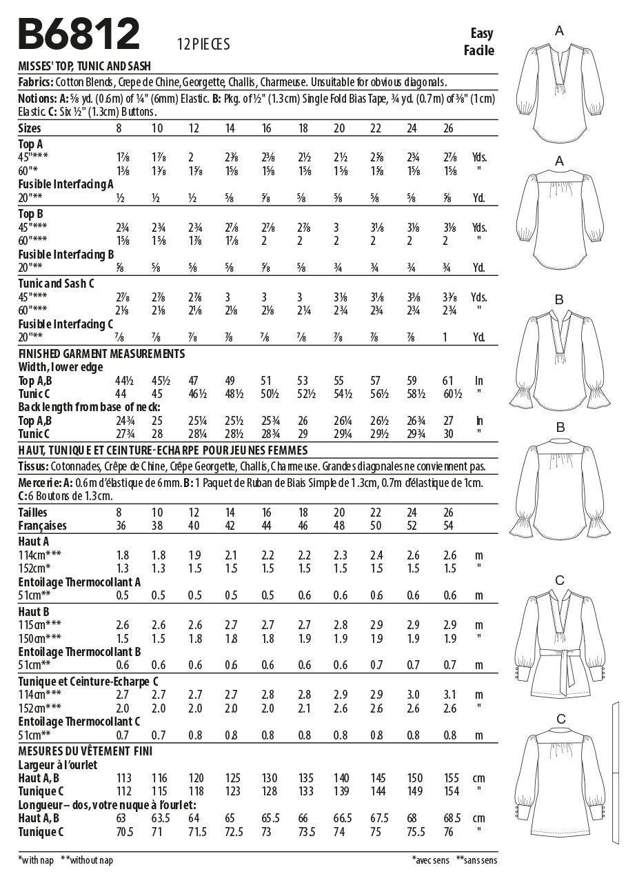 Butterick Misses' Top, Tunic & Sash B6812 - Sewing Pattern