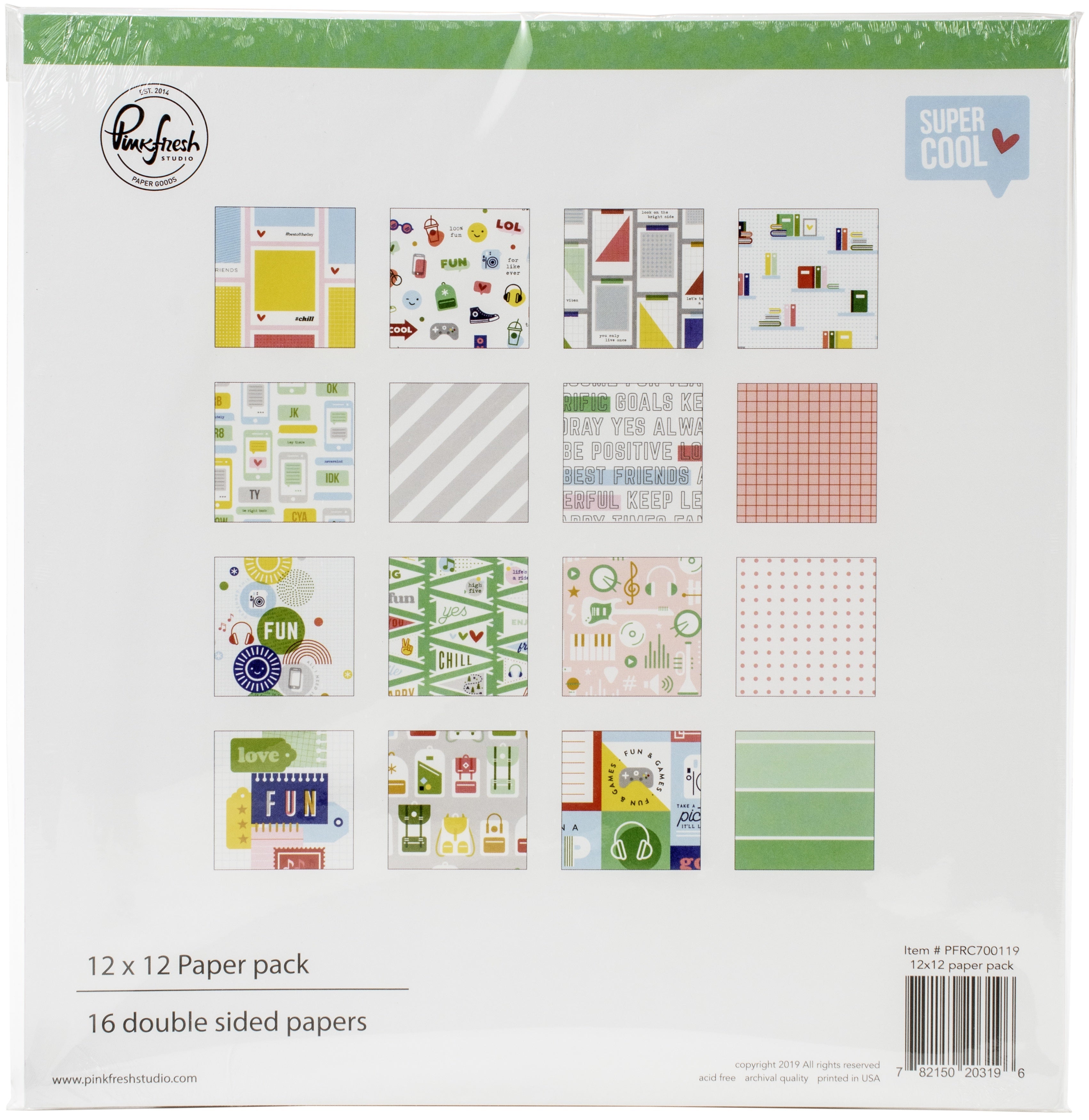 Pinkfresh Studio Double-Sided Paper Pack 12"X12" 16/Pkg - Super Cool, 8 Designs/2 Each